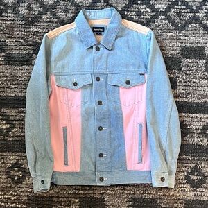 Barney Cools Color block Denim Jacket - Light Blue & Pink with Tan Accents